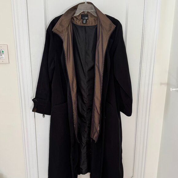 Versatile vintage black lower-calf length coat with detachable hood, XL petite, - Picture 1 of 16